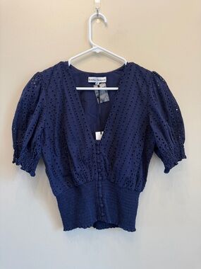 NEW- KARINA GRIMALDI Blue Eyelet Blouse MED puff sleeve Spring Summer Revolve
